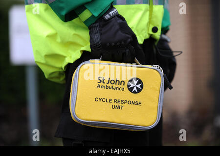 A member of St. John Ambulance with a cycle response kit. Stock Photo