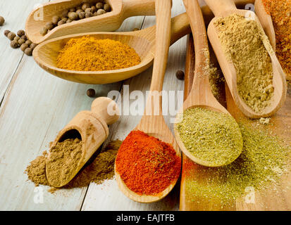 Various kind of  Spices on wooden spoons. Selective focus Stock Photo