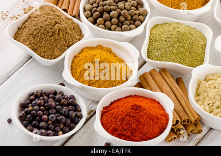 Assortment of powder spices in bowls. Selective focus Stock Photo