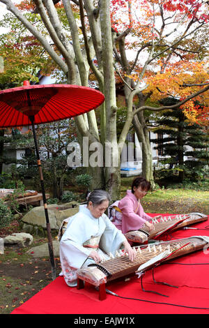 Japanese women in kimono playing koto (Japanese traditional instrument) in Japanese garden Stock Photo