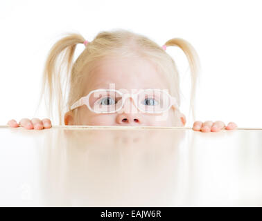 Frightened kid or child in eyeglasses playing isolated Stock Photo