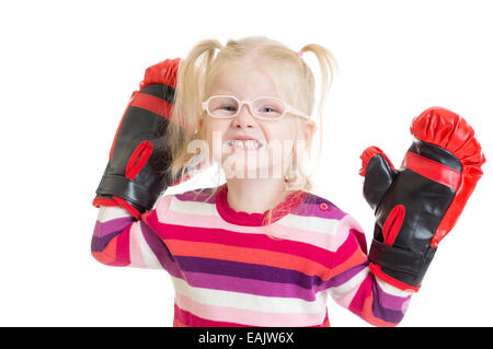 Funny kid or child in eyeglasses boxing isolated Stock Photo