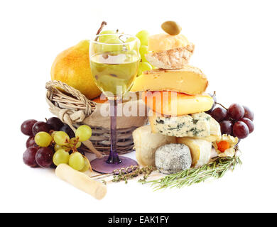 French Cheese, wine and fruits conceptual composition isolated on white Stock Photo