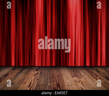 Theater or cinema dark red curtain with wooden planks floor Stock Photo