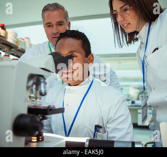 Scientists examining sample under microscope in laboratory Stock Photo