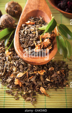 Jasmine green dry tea, low depth of focus Stock Photo