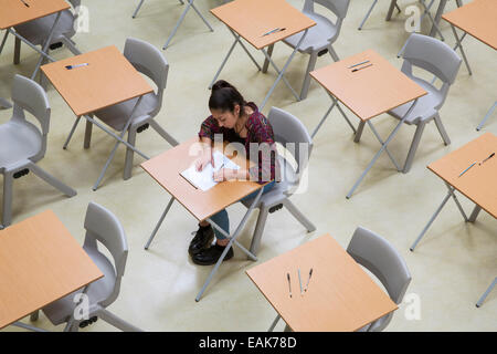 Elevated view of lone female student writing their GCSE exam in classroom Stock Photo