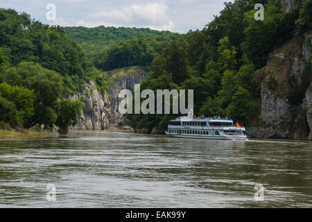 Excursion boat in the Danube Gorge near Weltenburg, near Kelheim, Bavaria, Germany Stock Photo