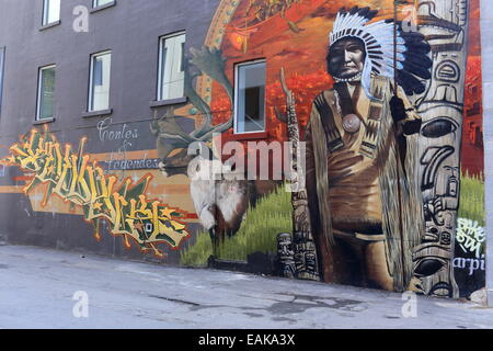 Mural with a Native American motif, Montréal, Quebec Province, Canada Stock Photo