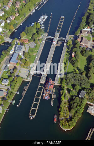 Kiel-Holtenau canal locks, northern end of the Kiel Canal, Nord-Ostsee-Kanal, aerial view, Kiel, Schleswig-Holstein, Germany Stock Photo