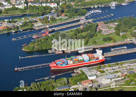 Kiel-Holtenau canal locks, northern end of the Kiel Canal, Nord-Ostsee-Kanal, aerial view, Kiel, Schleswig-Holstein, Germany Stock Photo