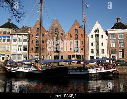 Houseboats in a canal Hoge der Aa in the city of Groningen Stock Photo