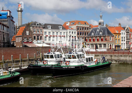 Pilot boats in the harbor, Vlissingen, Walcheren, Zeeland province, The Netherlands Stock Photo