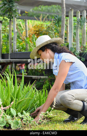 Woman wearing straw hat and rubber boots gardening in garden Stock Photo