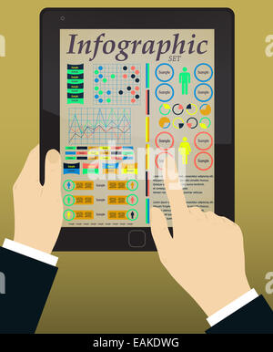 Infographics on the Tablet and Hands. Vector Stock Photo