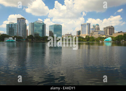 Skyline of Orlando viewed from Lake Eola, Orlando, Florida, United States Stock Photo