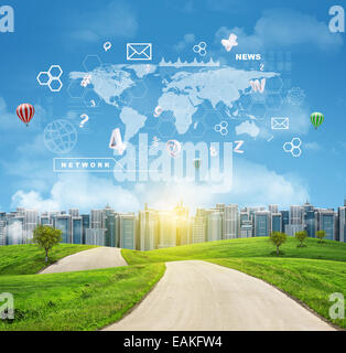 Buildings, green hills, road. World map, hexagons and flying letters. Blue sky on background Stock Photo