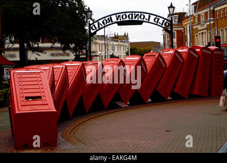 Tipsy telephone boxes.By David Mach Stock Photo