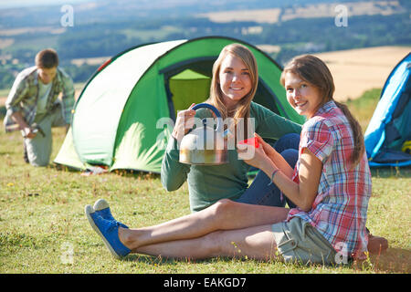 Group Of Young Friends Camping In Countryside Stock Photo