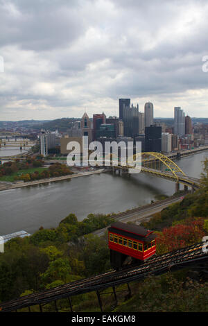 Duquesne Incline and the Monongahela River and Fort Pitt bridge in Pittsburgh, Pennsylvania from Mount Washington Stock Photo