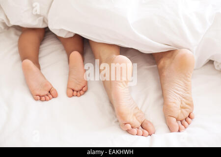 Adult and baby feet under the white blanket. Stock Photo