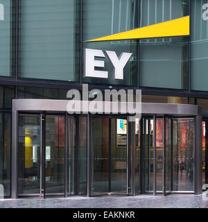 Front door of the offices of EY, Ernst and Young, at More London with their logo above Stock Photo