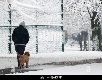 Columbus, Ohio, USA. 17th Nov, 2014. A local German Village resident walks through the snow with his furry friend at Schiller Park, German Village, Columbus, Ohio. It was the first snow of the winter. Credit:  Brent Clark/Alamy Live News Stock Photo