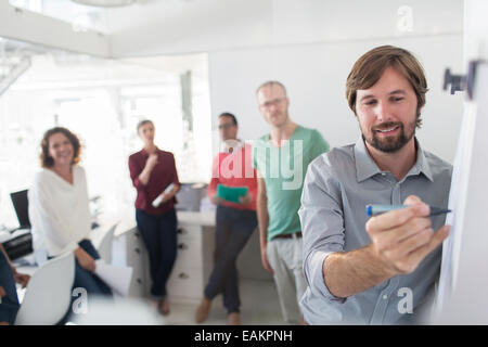 Group of people having meeting in office, man writing on flipchart Stock Photo