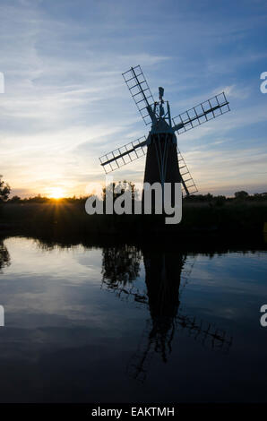 Turf Fen Drainage Mill, River Ant, Norfolk Broads. Sunset. June. Stock Photo