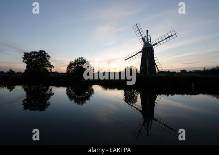 Turf Fen Drainage Mill, River Ant, Norfolk Broads. Sunset. June. Stock Photo