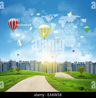 Buildings, green hills, road. World map, hexagons and flying letters. Blue sky on background Stock Photo