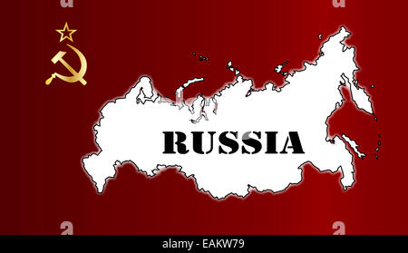 Hammer and Sickle in gold set on a Russian Flag with map inset Stock Photo