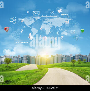 Buildings, green hills, road. World map, hexagons and flying letters. Blue sky on background Stock Photo