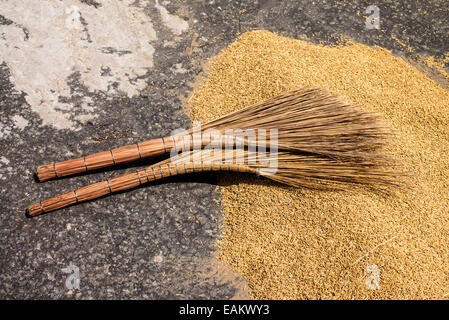 straw brooms raking