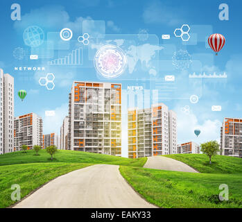 Buildings, green hills, road and sky with virtual elements Stock Photo