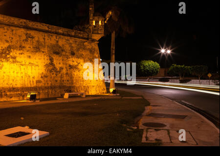 Wall and lookout of Baluarte de San Carlos Bastion at night, Campeche, Mexico Stock Photo