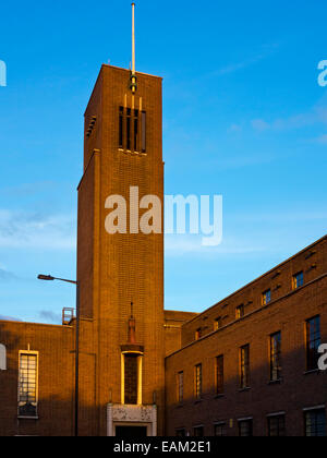 Brick tower of Hornsey Town Hall in Crouch End North London built 1935 designed in Modernist style by architect Reginald Uren Stock Photo