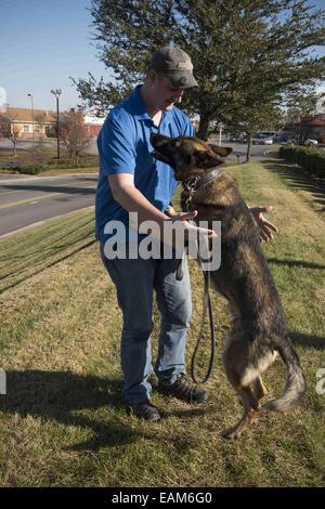 Nov. 15, 2014 - Fayetteville, NC - Army Spc. BRENT GROMMET was reunited with Matty, his U.S. Army trained German Shepherd, after being separated for more than a year. Both had been injured in the war. Grommet, now 23, came back from Afghanistan with traumatic brain injury, hearing loss and spinal-cord injury. Despite the veteran's right to adopt Matty, the bomb-detecting service dog mysteriously ended up another family with who took a liking to him and adopted him instead. Grommet's dad Don persevered for more than a year to locate Matty, despite threats of prison to his son from military off Stock Photo