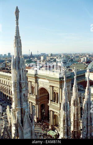 Italy, Lombardy, Milan, Roof of the Duomo Cathedral view Galleria Vittorio Emanuele Stock Photo
