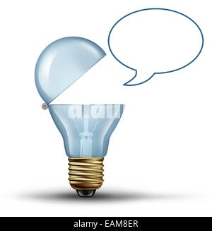 Idea communication concept as a lightbulb with an open mouth talking wth a blank speech bubble as a creative symbol for communicating innovative thinking through the use of marketing and social media on a white background.