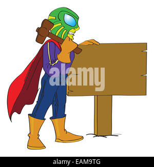 Superhero Hammering a Sign Post to the Ground, vector illustration Stock Photo