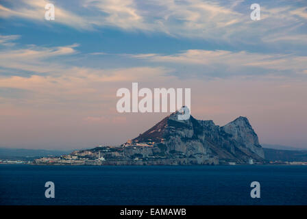 Twilight colors over the Rock of Gibralter, Gibralter, Spain Stock Photo