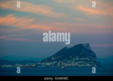 Twilight colors over the Rock of Gibraltar, Gibraltar, Spain Stock Photo