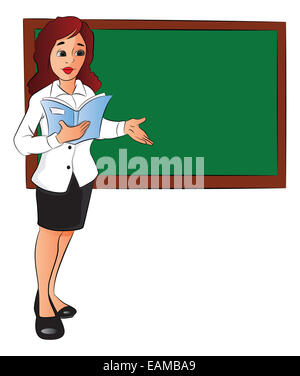 Vector illustration of businesswoman with a file, pointing at board in office. Stock Photo
