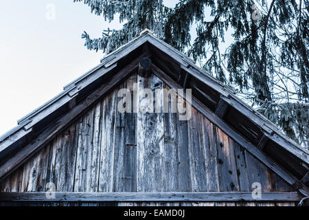 detail of a remote and isolated frozen cabin in the woods during winter Stock Photo