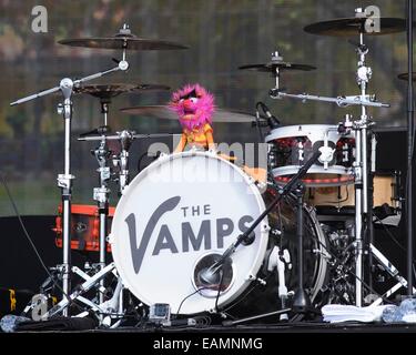 London, UK, 06/07/2014 : The Vamps play British Summertime Hyde Park. A muppet (Animal) on the drum kit Stock Photo