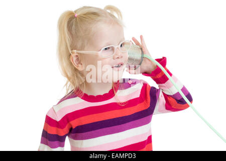 Funny child in eyeglasses with can isolated on white Stock Photo