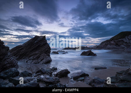 Night falls over the Cornwall Coast at Sharrow beach on Whitsand Bay Stock Photo