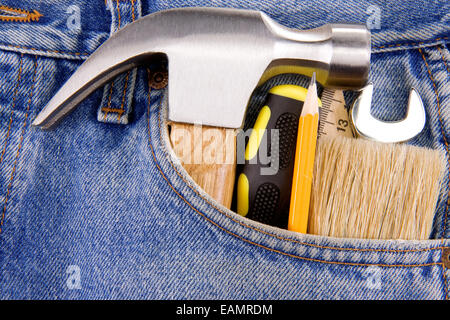 set of tools and instruments in jeans Stock Photo