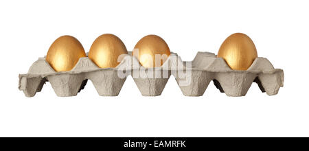 One golden egg missing from a tray of golden eggs isolated on white background Stock Photo